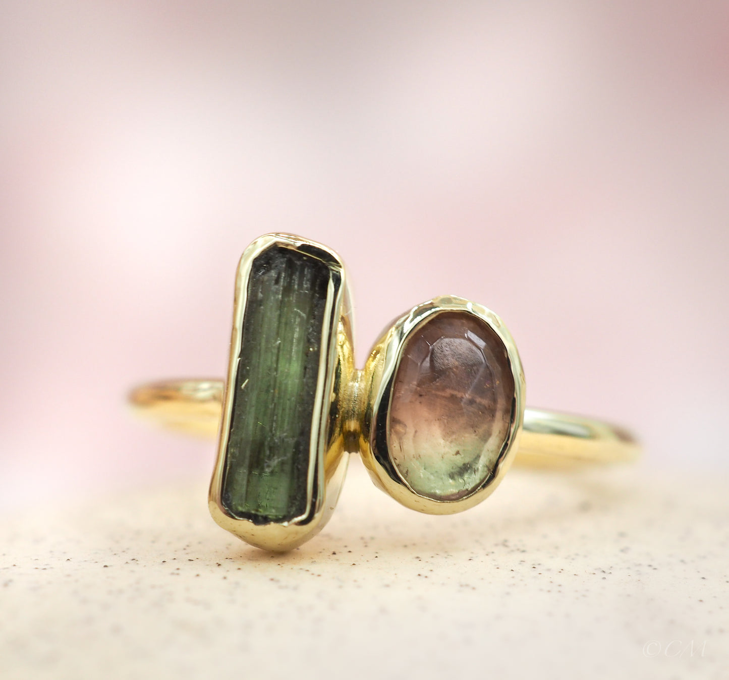Gouden Ring met Roze en Groene Toermalijn VERKOCHT