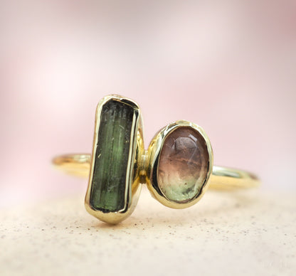 Gouden Ring met Roze en Groene Toermalijn VERKOCHT