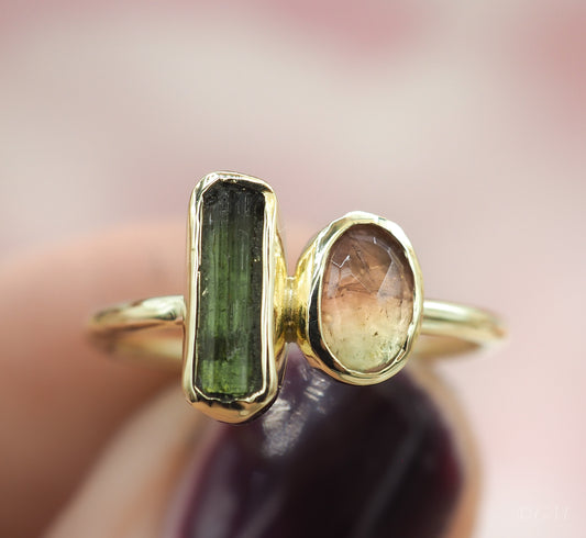 Gouden Ring met Roze en Groene Toermalijn