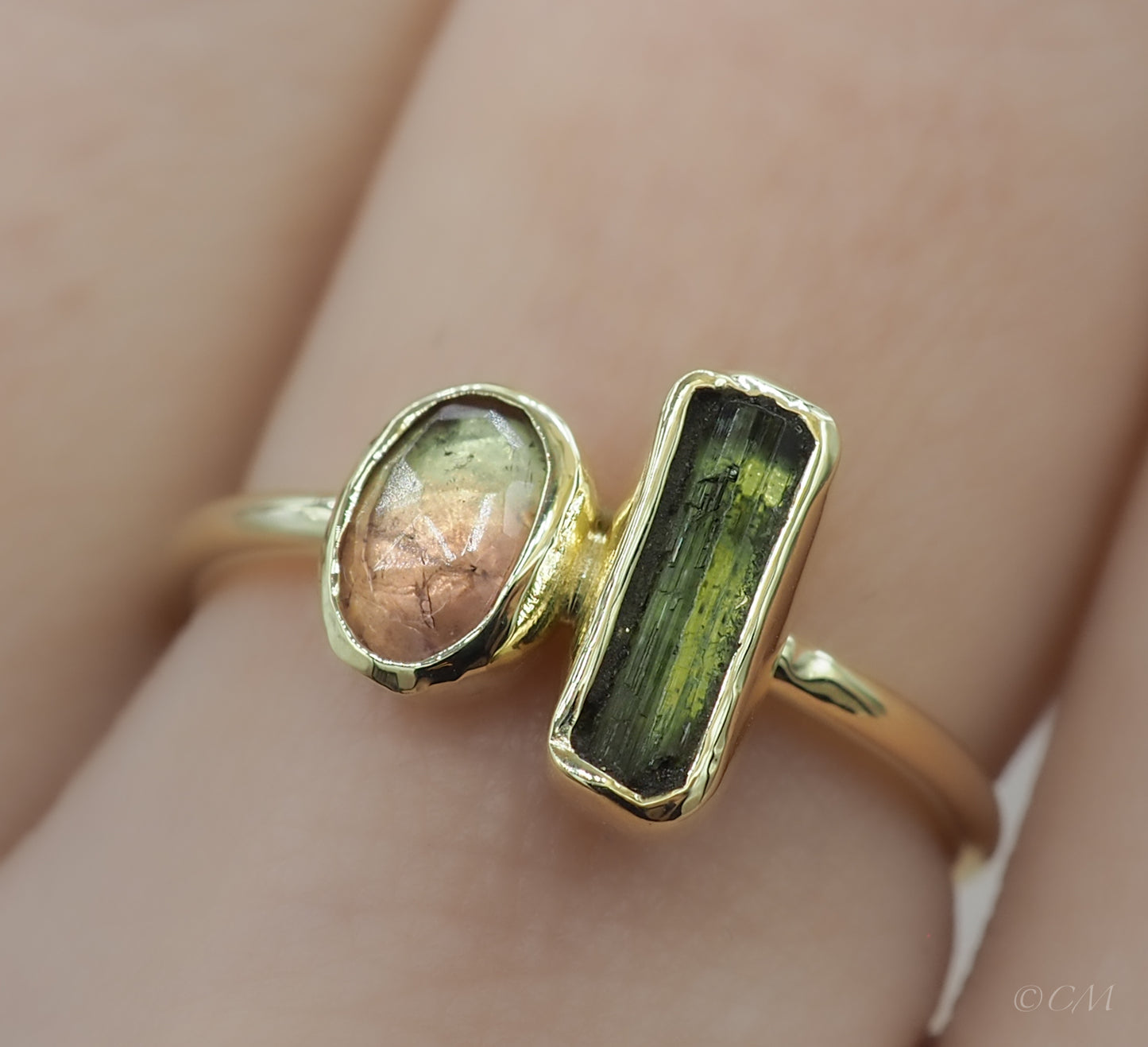 Gouden Ring met Roze en Groene Toermalijn VERKOCHT